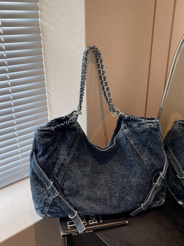 Borsa Tote in Denim Lavato Vintage Grande Capacità Borsa a Tracolla Donna Con Catena in Metallo Casual Hobo Pendolare