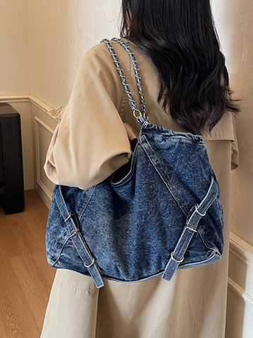 Borsa Tote in Denim Lavato Vintage Grande Capacità Borsa a Tracolla Donna Con Catena in Metallo Casual Hobo Pendolare