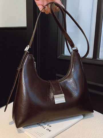 Vintage Glossy PU Leather Hobo Bag For Women Solid Color Shoulder Bag With Silver Buckle Adjustable Strap Underarm Crossbody Bag