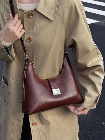 Vintage Glossy PU Leather Hobo Bag For Women Solid Color Shoulder Bag With Silver Buckle Adjustable Strap Underarm Crossbody Bag