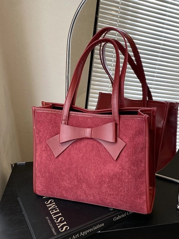 Borsa Tote in Velluto a Coste Rosso Vino Vintage per Donna Borsa a Tracolla di Grande Capacità Con Decorazione a Fiocco Borsetta da Sposa