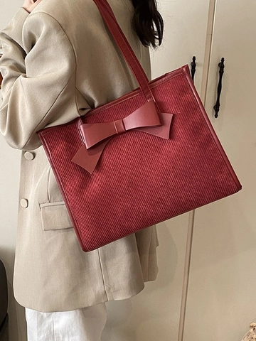Borsa Tote in Velluto a Coste Rosso Vino Vintage per Donna Borsa a Tracolla di Grande Capacità Con Decorazione a Fiocco Borsetta da Sposa