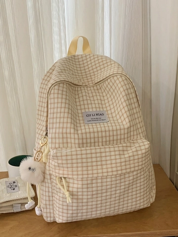 Japanse Ruitjes Nylon Rugzak Grote Capaciteit Schooltas Met Pluche Hanger Casual Reisrugzak Voor Tieners Vrouwen