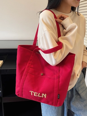 Borsa Tote in Tela Grande Capacità Stile Coreano per Donna Borsa a Spalla Ricamata con Lettere per Studenti e Pendolari