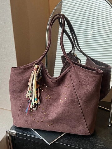 Borsa Tote in Camoscio Vintage Grande Capacità per Donna Retrò Borchia Boho Nappa Borsa a Tracolla Hobo Casual Quotidiana