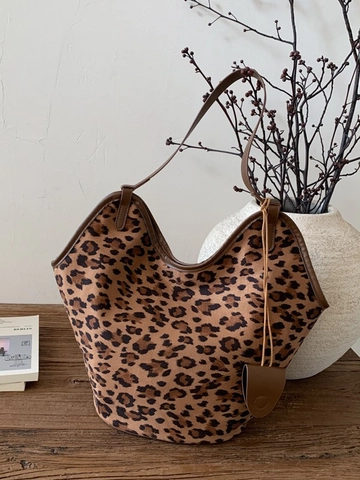 Borsa Tote Grande Capacità Stampa Leopardata in Camoscio Retrò Minimalista Borsa a Secchiello Donna Casual Shopping Borsa a Mano