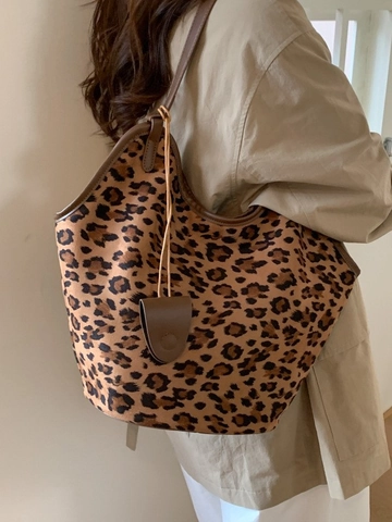 Borsa Tote Grande Capacità Stampa Leopardata in Camoscio Retrò Minimalista Borsa a Secchiello Donna Casual Shopping Borsa a Mano