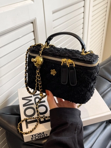 Vintage Tweed Kamelie Box Umhängetasche Für Damen Elegante Geflochtene Kette Schultertasche Stilvolle Pailletten Handtasche Alltag