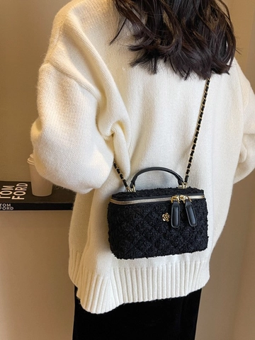 Vintage Tweed Kamelie Box Umhängetasche Für Damen Elegante Geflochtene Kette Schultertasche Stilvolle Pailletten Handtasche Alltag