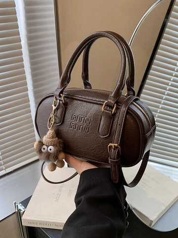 Vintage PU Leather Bowling Bag For Women Retro Solid Color Pillow Crossbody Bag With Plush Charm Fashion Handbag Shoulder Bag