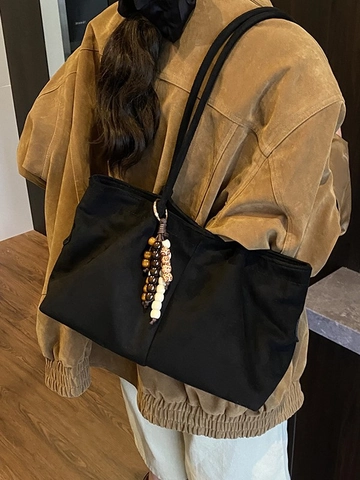 Large Capacity PU Retro Tote Bag For Women Casual Daily Shoulder Bag With Wood Bead Charms Solid Color Commuter Handbag