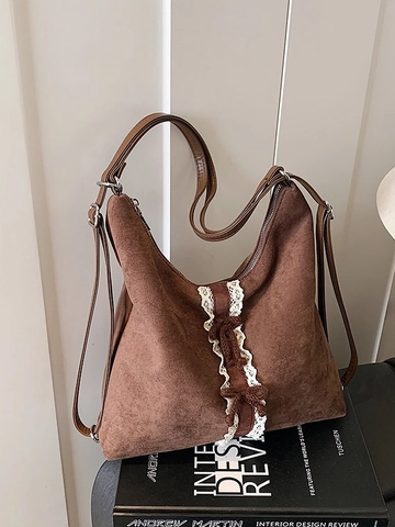 Damen Vintage Wildlederimitat Rucksack Große Kapazität Schultertasche Mit Weißer Spitze Und Süßer Schleife Hobo Tasche