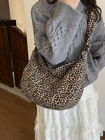 Grand Sac Cabas en Toile Imprimé Léopard pour Femme Sac à Épaule Hobo Décontracté Vintage Avec Bandoulière Plissée Sac de Voyage Quotidien avec Fermeture Éclair