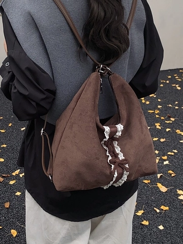 Damen Vintage Wildlederimitat Rucksack Große Kapazität Schultertasche Mit Weißer Spitze Und Süßer Schleife Hobo Tasche
