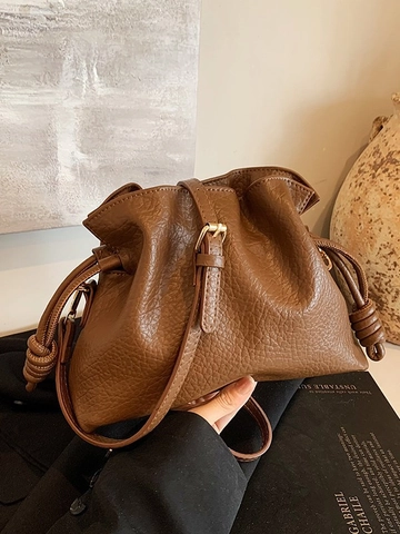Sac Seau Femme en Cuir PU Plissé Tendance Petit Sac Bandoulière à Cordon de Serrage Avec Fermoir Magnétique Sac à Main Quotidien