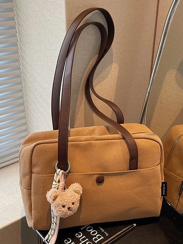 Bolso Tote de Lona PU de Gran Capacidad para Mujer Bolso de Hombro Minimalista Vintage Bolso de Axila Color Sólido Casual