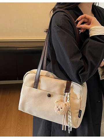 Bolso Tote de Lona PU de Gran Capacidad para Mujer Bolso de Hombro Minimalista Vintage Bolso de Axila Color Sólido Casual
