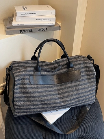 Canvas Striped Travel Duffel Bag With Shoe Compartment Wet Pocket PU Leather Trim Gym Sport Bag For Men Women Casual Weekend Bag