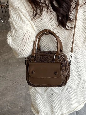 Bolso Bandolera de Cuero PU Con Estampado Paisley Vintage para Mujer Bolso de Mano Cuadrado Pequeño Rétro Con Bolsillo Delantero