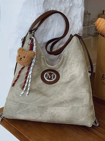 Bolso Tote de Cuero PU Vintage para Mujer Gran Capacidad Bolso de Hombro Mochila Multifuncional Con Amuleto de Oso Logo M