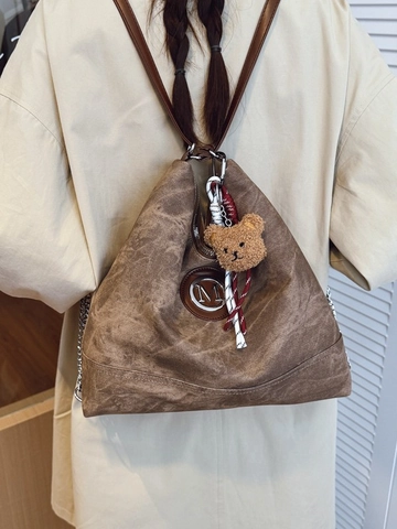 Bolso Tote de Cuero PU Vintage para Mujer Gran Capacidad Bolso de Hombro Mochila Multifuncional Con Amuleto de Oso Logo M