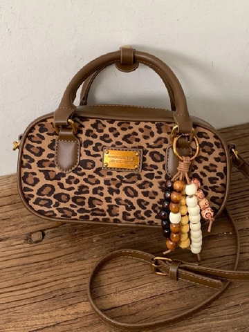 Minimalistisch Retro Boston Tas voor Dames PU Leer Luipaardprint Schoudertas Met Kralenhanger Retro Handtas Crossbody Tas