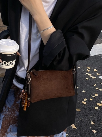 Bolso de Hombro de Cuero PU Esmerilado Vintage para Mujer Bolso Bandolera Pequeño Cuadrado Con Colgante de Cuentas de Madera
