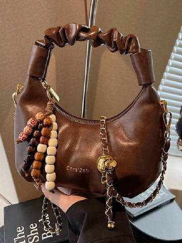Vintage Women Ruched PU Leather Shoulder Bag Solid Dumpling Handbag With Chain Strap Wood Beads Pendant Crossbody Bag