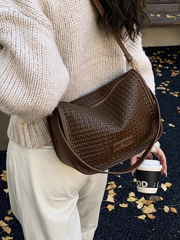 Mode Webstruktur Schultertasche Für Damen Retro PU Leder Umhängetasche Hobo Tasche Mit Metall Logo Vielseitige Lässige Kuriertasche