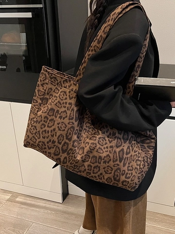 Bolso Tote con Estampado de Leopardo de Gran Capacidad para Mujer Bolso de Hombro de Tela Moda Bolso de Mano para Conmutar