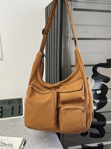 Borsa a Tracolla in Tela Grande Capacità Vintage per Donna Multi Tasca Workwear Tote Bag Casual Pendolare Scuola Borsa a Spalla