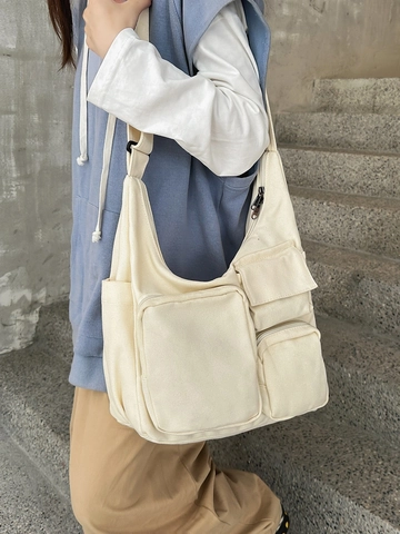 Borsa a Tracolla in Tela Grande Capacità Vintage per Donna Multi Tasca Workwear Tote Bag Casual Pendolare Scuola Borsa a Spalla