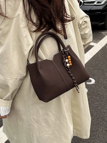 Borsa a Secchiello in Pelle PU Retrò per Donna Borsa a Tracolla Minimalista di Fascia Alta Con Ciondolo a Nappine Con Perline