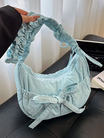 Women Casual Nylon Pleated Hobo Bag Bow Decoration Crossbody Bag With Scrunchie Strap Daily Commute Fashion Shoulder Bag