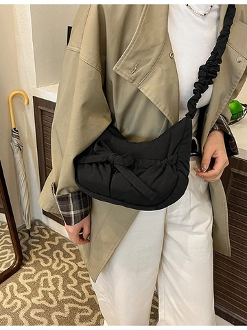 Women Casual Nylon Pleated Hobo Bag Bow Decoration Crossbody Bag With Scrunchie Strap Daily Commute Fashion Shoulder Bag