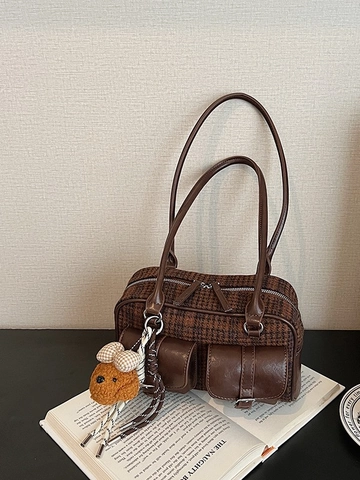 Borsa Sottobraccio in PU e Lana Vintage a Quadri da Donna Borsa a Tracolla a Cuscino Retro Con Ciondolo a Cane