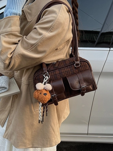 Borsa Sottobraccio in PU e Lana Vintage a Quadri da Donna Borsa a Tracolla a Cuscino Retro Con Ciondolo a Cane