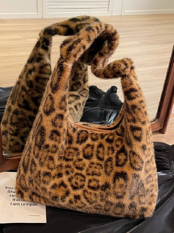 Sac à Épaule en Peluche Imprimé Léopard pour Femmes Sac Fourre-tout Sous les Bras en Fausse Fourrure Douce Grande Capacité