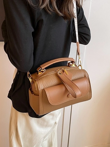 Women Fashion Pebbled PU Leather Pillow Bag Vintage Top Handle Handbag With Adjustable Wide Strap Casual Crossbody Bag Gold Hardware