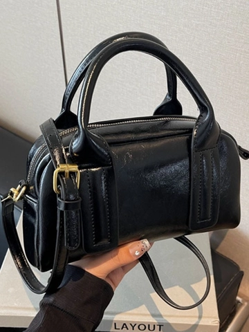 Women Retro PU Leather Boston Pillow Bag Fashion Glossy Shoulder Crossbody Bag Minimalist Top Handle Handbag Daily Commute Bag