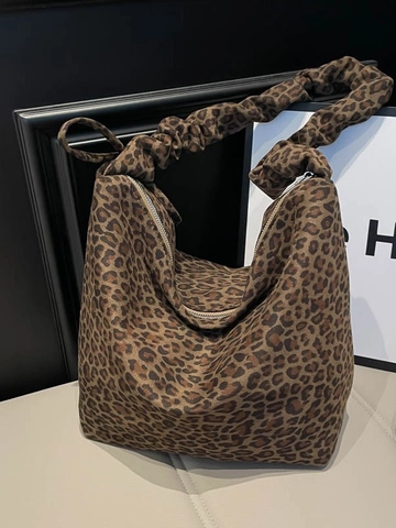 Sac Seau Imprimé Léopard en PU pour Femmes Grande Capacité Poignée Froncée Sac à Main Cabas Mode Quotidien Sac Hobo