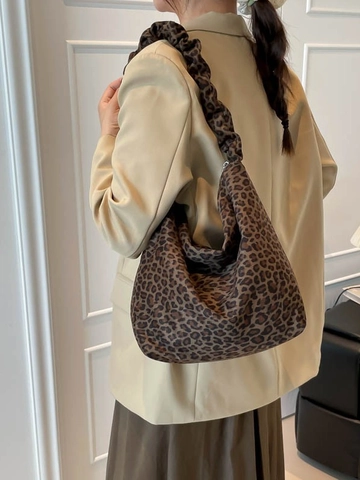 Sac Seau Imprimé Léopard en PU pour Femmes Grande Capacité Poignée Froncée Sac à Main Cabas Mode Quotidien Sac Hobo