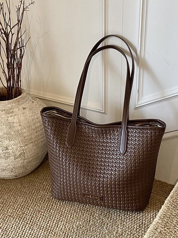 Borsa Tote da Donna Vintage Intrecciata in Pelle PU Grande Capacità con Cerniera Borsa a Spalla per Pendolarismo Shopping Quotidiano