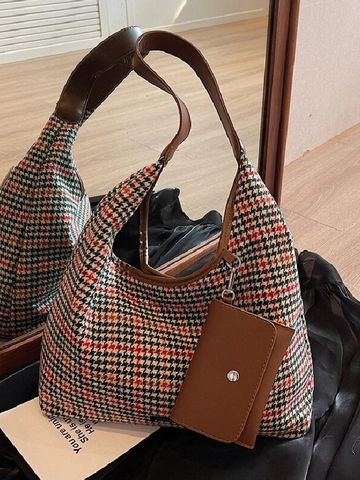 Sac Cabas Vintage en Laine Pied-de-Poule pour Femmes Sac à Épaule Grande Capacité Avec Pochette Sac Hobo Rétro