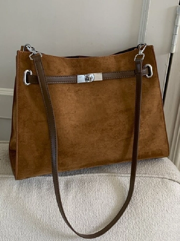 Bolso Tote de Mujer de Gran Capacidad en PU Textura de Gamuza Bolso de Hombro Retro Minimalista Con Cierre Plateado Bolso Casual