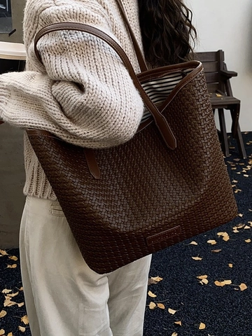 Borsa Tote da Donna Vintage Intrecciata in Pelle PU Grande Capacità con Cerniera Borsa a Spalla per Pendolarismo Shopping Quotidiano
