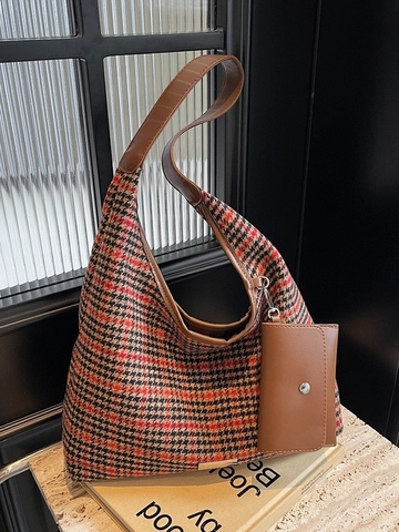 Sac Cabas Vintage en Laine Pied-de-Poule pour Femmes Sac à Épaule Grande Capacité Avec Pochette Sac Hobo Rétro