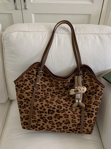 Bolso Tote Grande para Mujer Estampado de Leopardo Cuadros de Lona Bolso de Hombro Vintage Con Colgante de Conejo Bolso de Mano