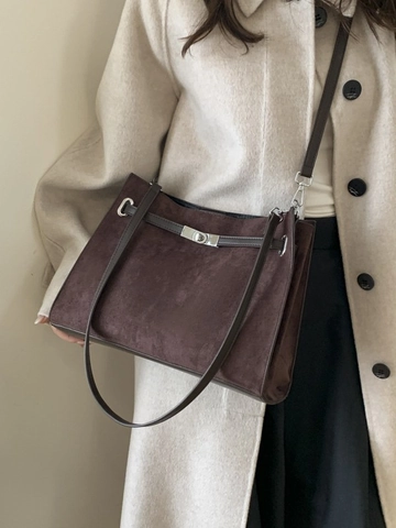Bolso Tote de Mujer de Gran Capacidad en PU Textura de Gamuza Bolso de Hombro Retro Minimalista Con Cierre Plateado Bolso Casual