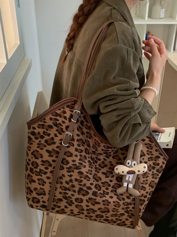 Bolso Tote Grande para Mujer Estampado de Leopardo Cuadros de Lona Bolso de Hombro Vintage Con Colgante de Conejo Bolso de Mano